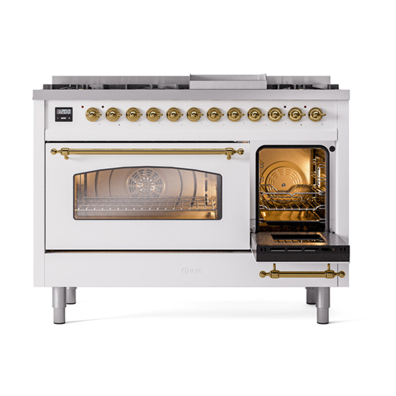 Nostalgie II Series 48 inch Freestanding Dual Fuel Range with Natural Gas, 8 Sealed Burners, Double Ovens, 5.02 cu. ft. Total Oven Capacity, Griddle, Convection Oven, Continuous Grates, Viewi UP48FNMPWHG