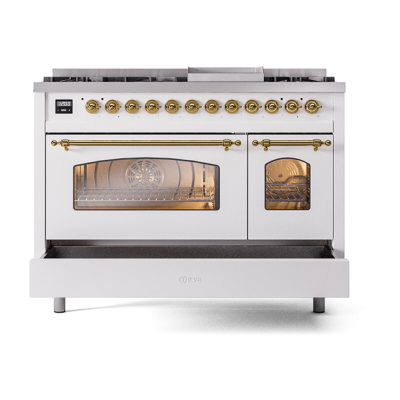 Nostalgie II Series 48 inch Freestanding Dual Fuel Range with Natural Gas, 8 Sealed Burners, Double Ovens, 5.02 cu. ft. Total Oven Capacity, Griddle, Convection Oven, Continuous Grates, Viewi UP48FNMPWHG