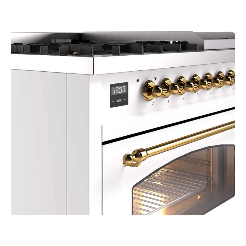 Nostalgie II Series 48 inch Freestanding Dual Fuel Range with Natural Gas, 8 Sealed Burners, Double Ovens, 5.02 cu. ft. Total Oven Capacity, Griddle, Convection Oven, Continuous Grates, Viewi UP48FNMPWHG