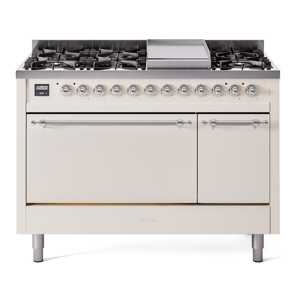 Nostalgie II 48 UP48FQNMPAWC Freestanding Dual Fuel Range with 8 Sealed Burners with Griddle Double Oven with Solid Door with Chrome knobs UP48FQNMPAWC