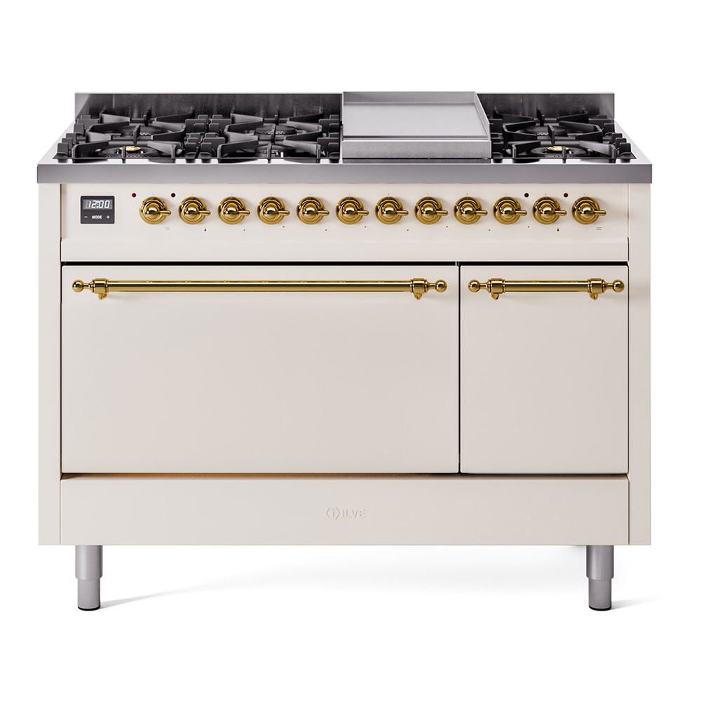 Nostalgie II 48 UP48FQNMPAWG Freestanding Dual Fuel Range with 8 Sealed Burners with Griddle Double Oven with Solid Door with Brass knobs UP48FQNMPAWGLP