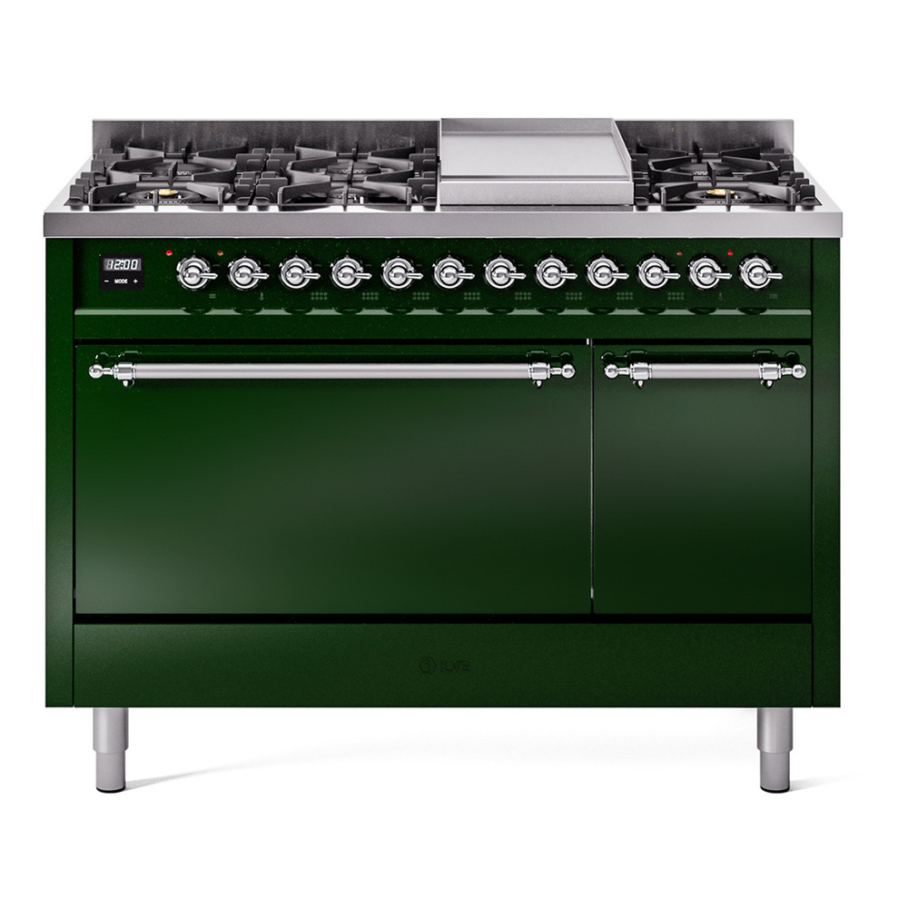 Nostalgie II 48 UP48FQNMPEGC Freestanding Dual Fuel Range with 8 Sealed Burners with Griddle Double Oven with Solid Door with Chrome knobs UP48FQNMPEGC