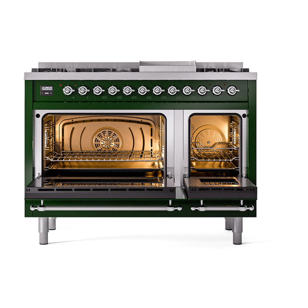 Nostalgie II 48 UP48FQNMPEGC Freestanding Dual Fuel Range with 8 Sealed Burners with Griddle Double Oven with Solid Door with Chrome knobs UP48FQNMPEGC