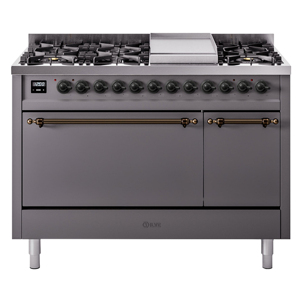 Nostalgie II 48 UP48FQNMPMGB Freestanding Dual Fuel Range with 8 Sealed Burners with Griddle Double Oven with Solid Door with Bronze knobs UP48FQNMPMGB
