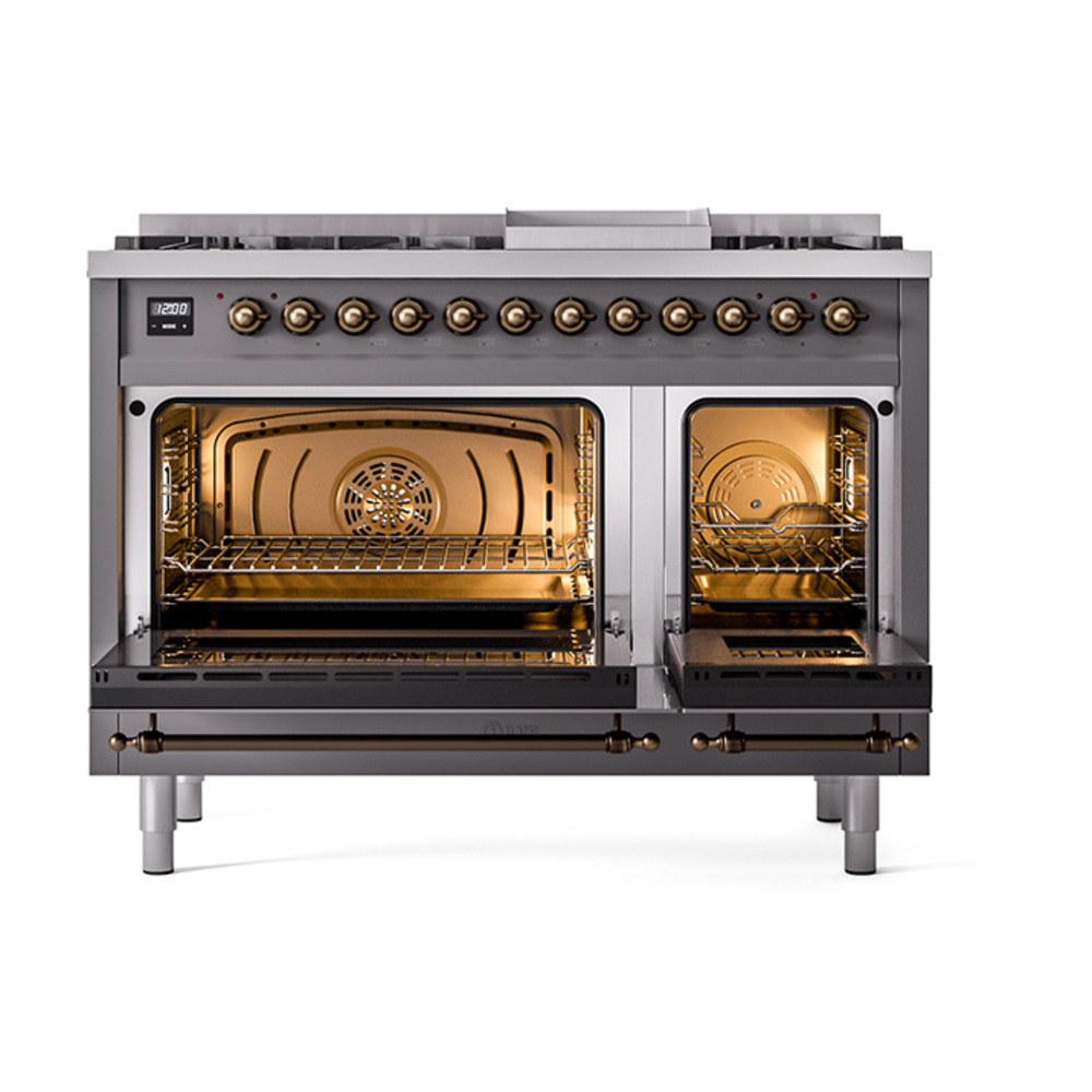 Nostalgie II 48 UP48FQNMPMGB Freestanding Dual Fuel Range with 8 Sealed Burners with Griddle Double Oven with Solid Door with Bronze knobs UP48FQNMPMGB