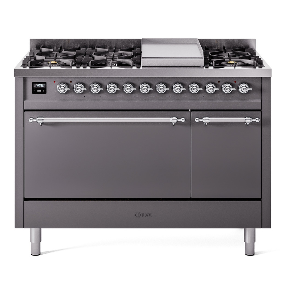 Nostalgie II 48 UP48FQNMPMGC Freestanding Dual Fuel Range with 8 Sealed Burners with Griddle Double Oven with Solid Door with Chrome knobs UP48FQNMPMGCLP