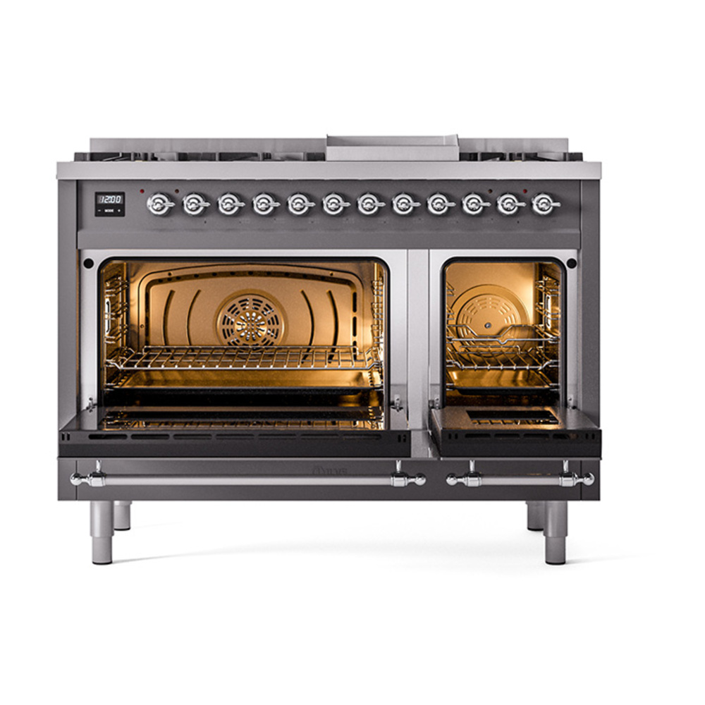 Nostalgie II 48 UP48FQNMPMGC Freestanding Dual Fuel Range with 8 Sealed Burners with Griddle Double Oven with Solid Door with Chrome knobs UP48FQNMPMGCLP