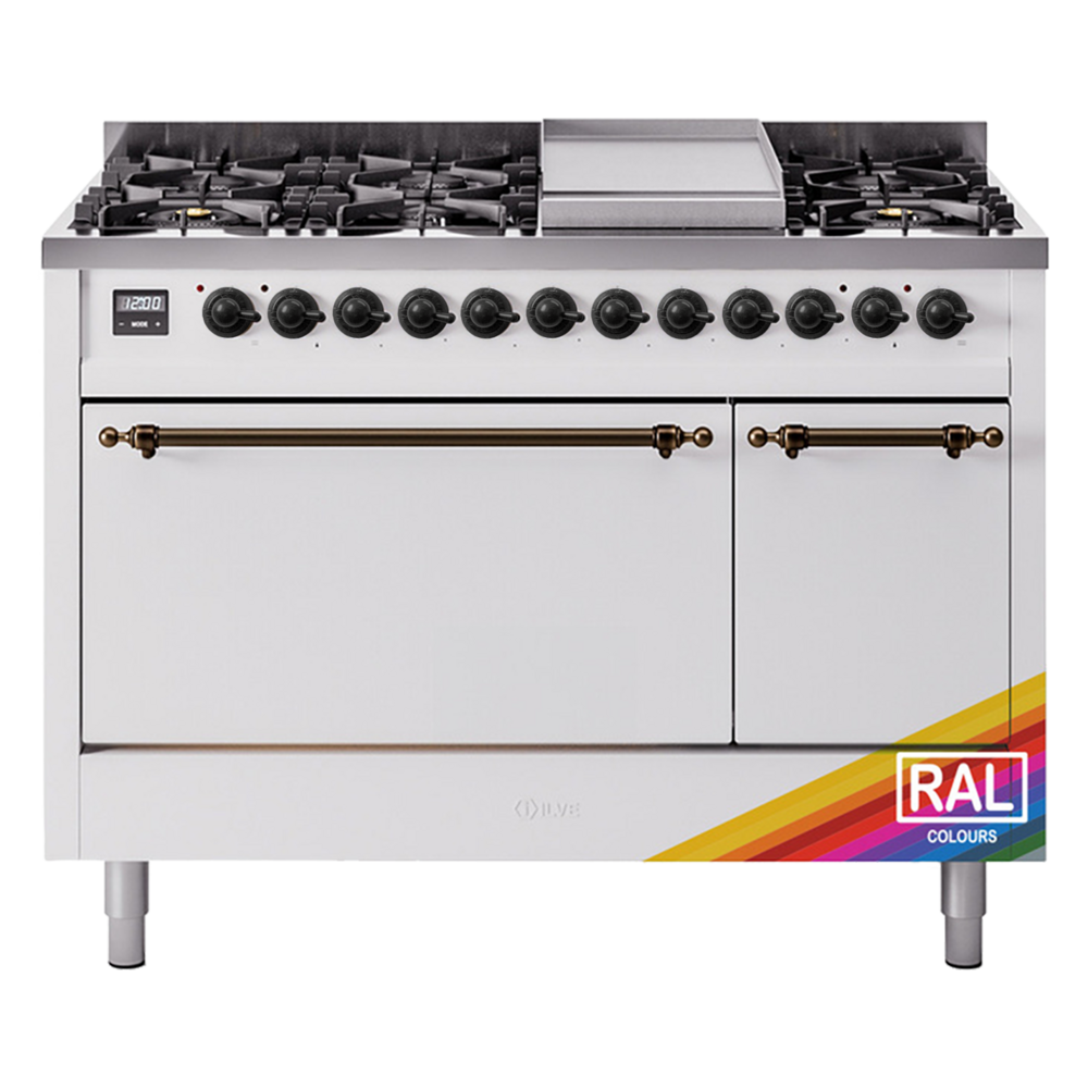 Nostalgie II 48 UP48FQNMPRAB Freestanding Dual Fuel Range with 8 Sealed Burners with Griddle Double Oven with Solid Door with Bronze knobs UP48FQNMPRAB