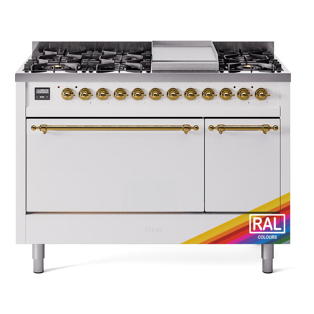 Nostalgie II 48 UP48FQNMPRAG Freestanding Dual Fuel Range with 8 Sealed Burners with Griddle Double Oven with Solid Door with Brass knobs UP48FQNMPRAGLP