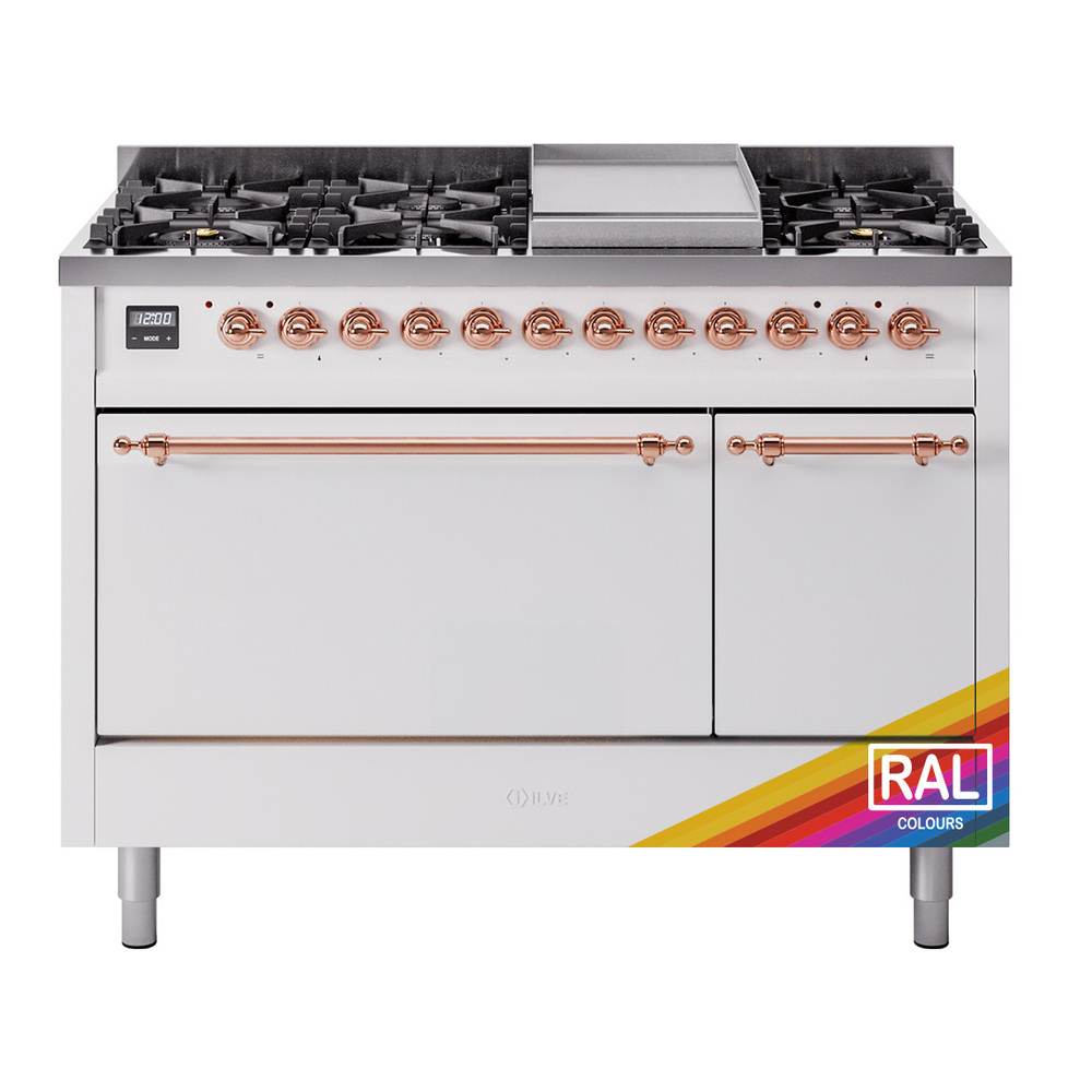 Nostalgie II 48 UP48FQNMPRAP Freestanding Dual Fuel Range with 8 Sealed Burners with Griddle Double Oven with Solid Door with Copper knobs UP48FQNMPRAPLP