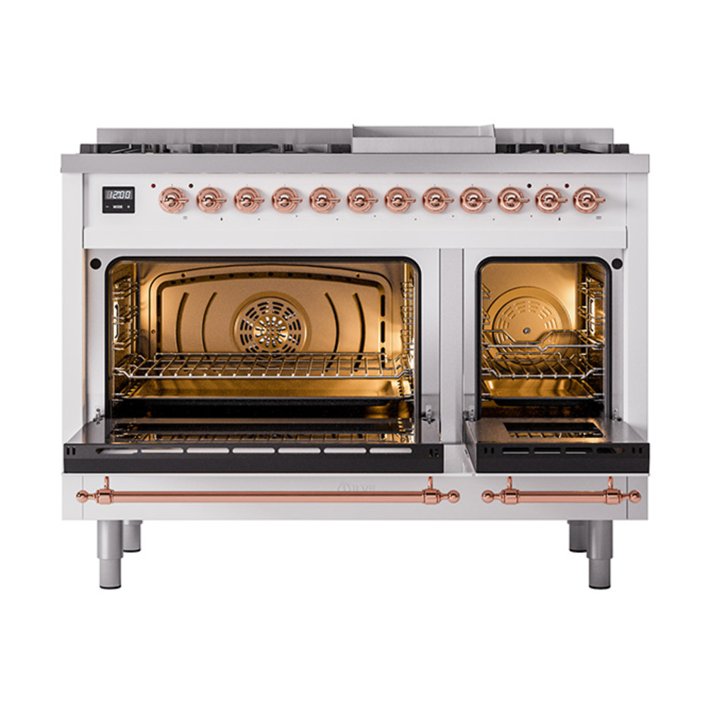 Nostalgie II 48 UP48FQNMPRAP Freestanding Dual Fuel Range with 8 Sealed Burners with Griddle Double Oven with Solid Door with Copper knobs UP48FQNMPRAPLP