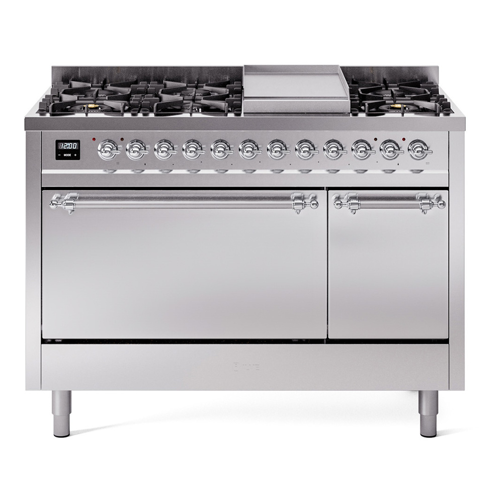 Nostalgie II 48 UP48FQNMPSSC Freestanding Dual Fuel Range with 8 Sealed Burners with Griddle Double Oven with Solid Door with Chrome knobs UP48FQNMPSSC