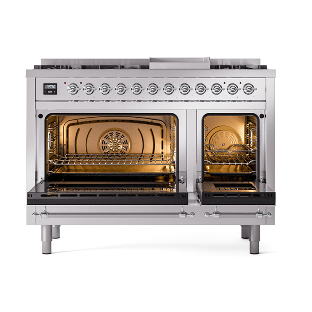 Nostalgie II 48 UP48FQNMPSSC Freestanding Dual Fuel Range with 8 Sealed Burners with Griddle Double Oven with Solid Door with Chrome knobs UP48FQNMPSSC