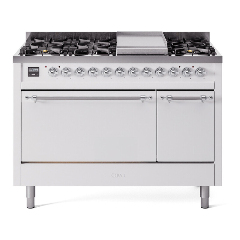 Nostalgie II 48 UP48FQNMPWHC Freestanding Dual Fuel Range with 8 Sealed Burners with Griddle Double Oven with Solid Door with Chrome knobs UP48FQNMPWHC