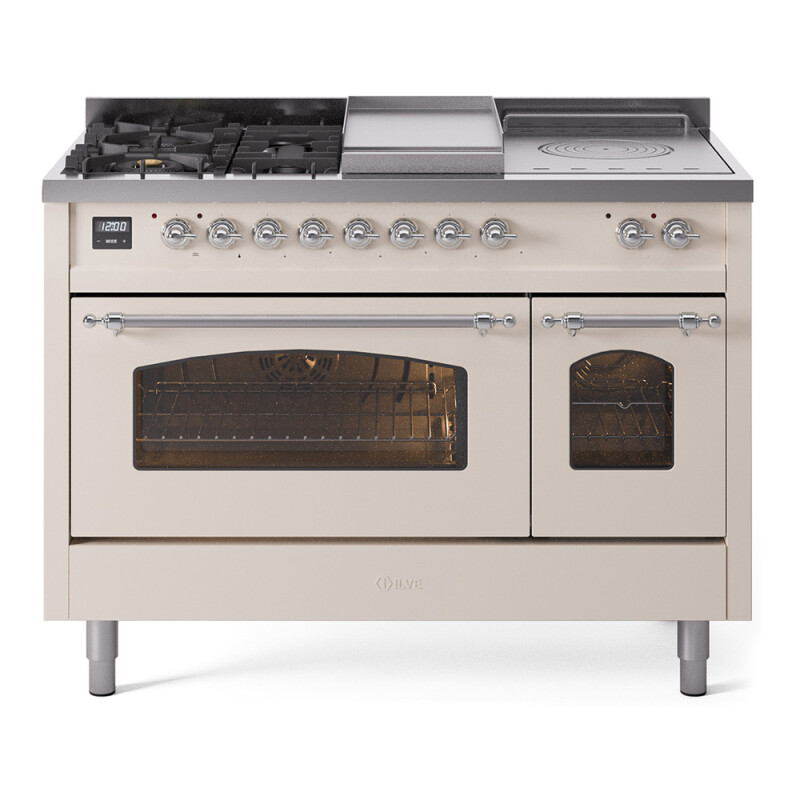 Nostalgie II 48 UP48FSNMPAWC Freestanding Dual Fuel Range with 5 Sealed Burners with Griddle and French Top Double Oven with Triple Glass Door with Chrome knobs UP48FSNMPAWCLP