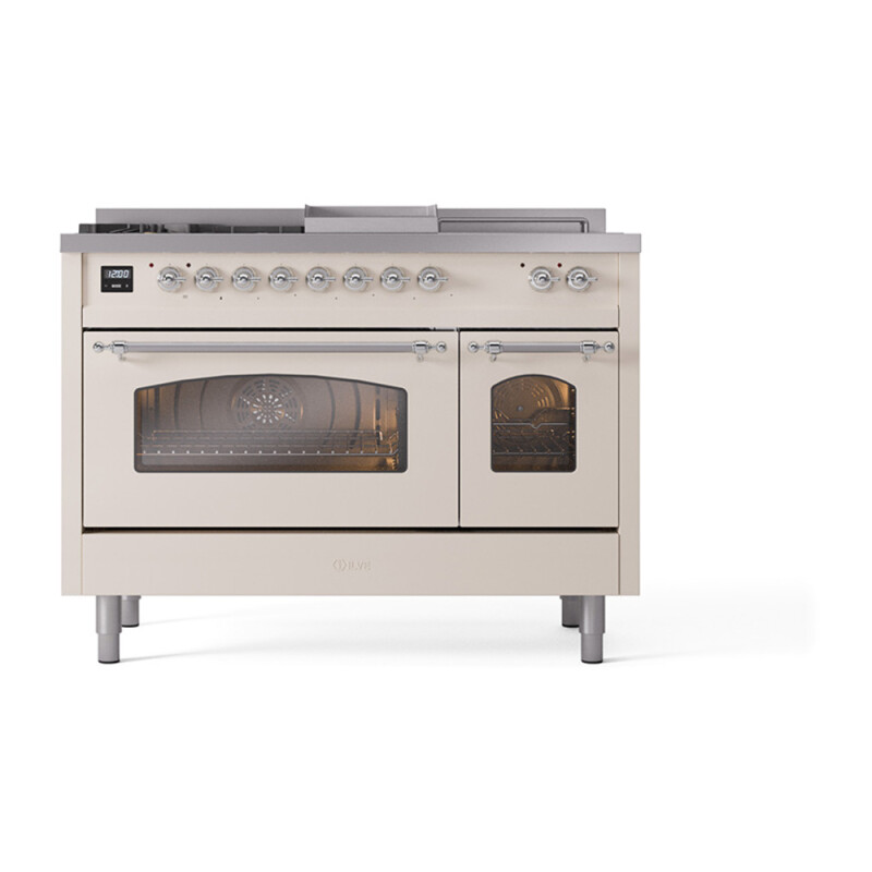 Nostalgie II 48 UP48FSNMPAWC Freestanding Dual Fuel Range with 5 Sealed Burners with Griddle and French Top Double Oven with Triple Glass Door with Chrome knobs UP48FSNMPAWCLP
