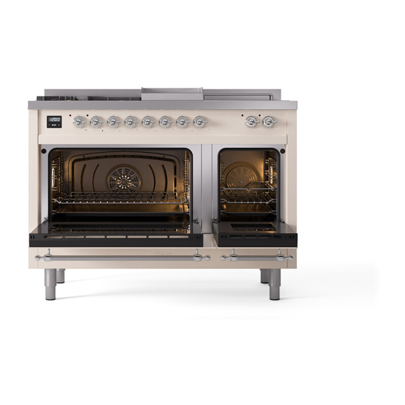 Nostalgie II 48 UP48FSNMPAWC Freestanding Dual Fuel Range with 5 Sealed Burners with Griddle and French Top Double Oven with Triple Glass Door with Chrome knobs UP48FSNMPAWCLP