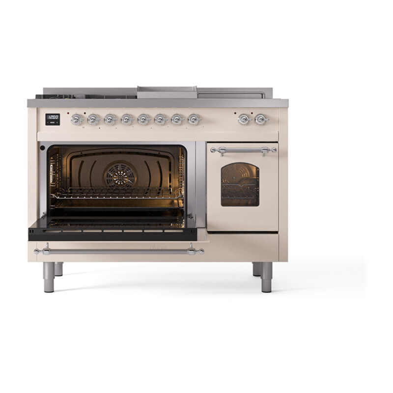 Nostalgie II 48 UP48FSNMPAWC Freestanding Dual Fuel Range with 5 Sealed Burners with Griddle and French Top Double Oven with Triple Glass Door with Chrome knobs UP48FSNMPAWCLP