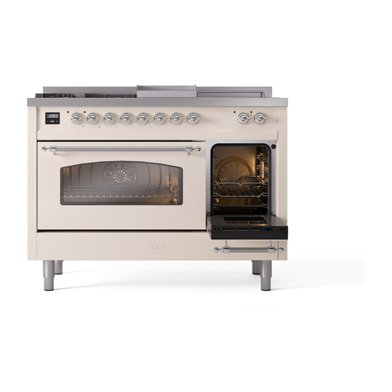 Nostalgie II 48 UP48FSNMPAWC Freestanding Dual Fuel Range with 5 Sealed Burners with Griddle and French Top Double Oven with Triple Glass Door with Chrome knobs UP48FSNMPAWCLP