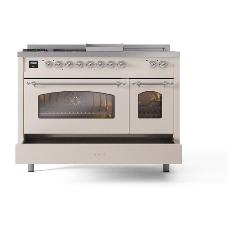 Nostalgie II 48 UP48FSNMPAWC Freestanding Dual Fuel Range with 5 Sealed Burners with Griddle and French Top Double Oven with Triple Glass Door with Chrome knobs UP48FSNMPAWCLP