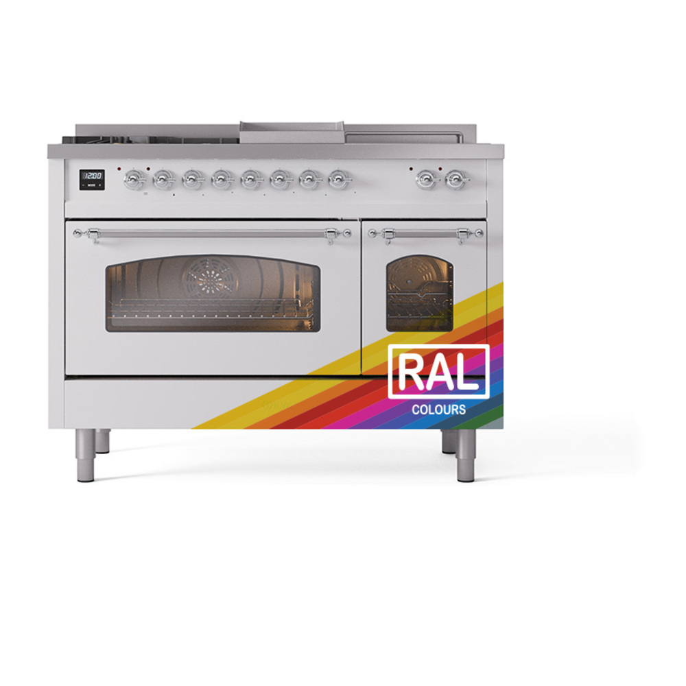 Nostalgie II 48 UP48FSNMPRAC Freestanding Dual Fuel Range with 5 Sealed Burners with Griddle and French Top Double Oven with Triple Glass Door with Chrome knobs UP48FSNMPRACLP