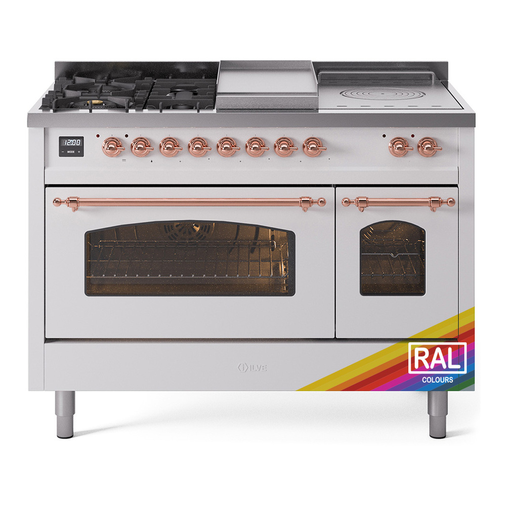 Nostalgie II 48 UP48FSNMPRAP Freestanding Dual Fuel Range with 5 Sealed Burners with Griddle and French Top Double Oven with Triple Glass Door with Copper knobs UP48FSNMPRAP