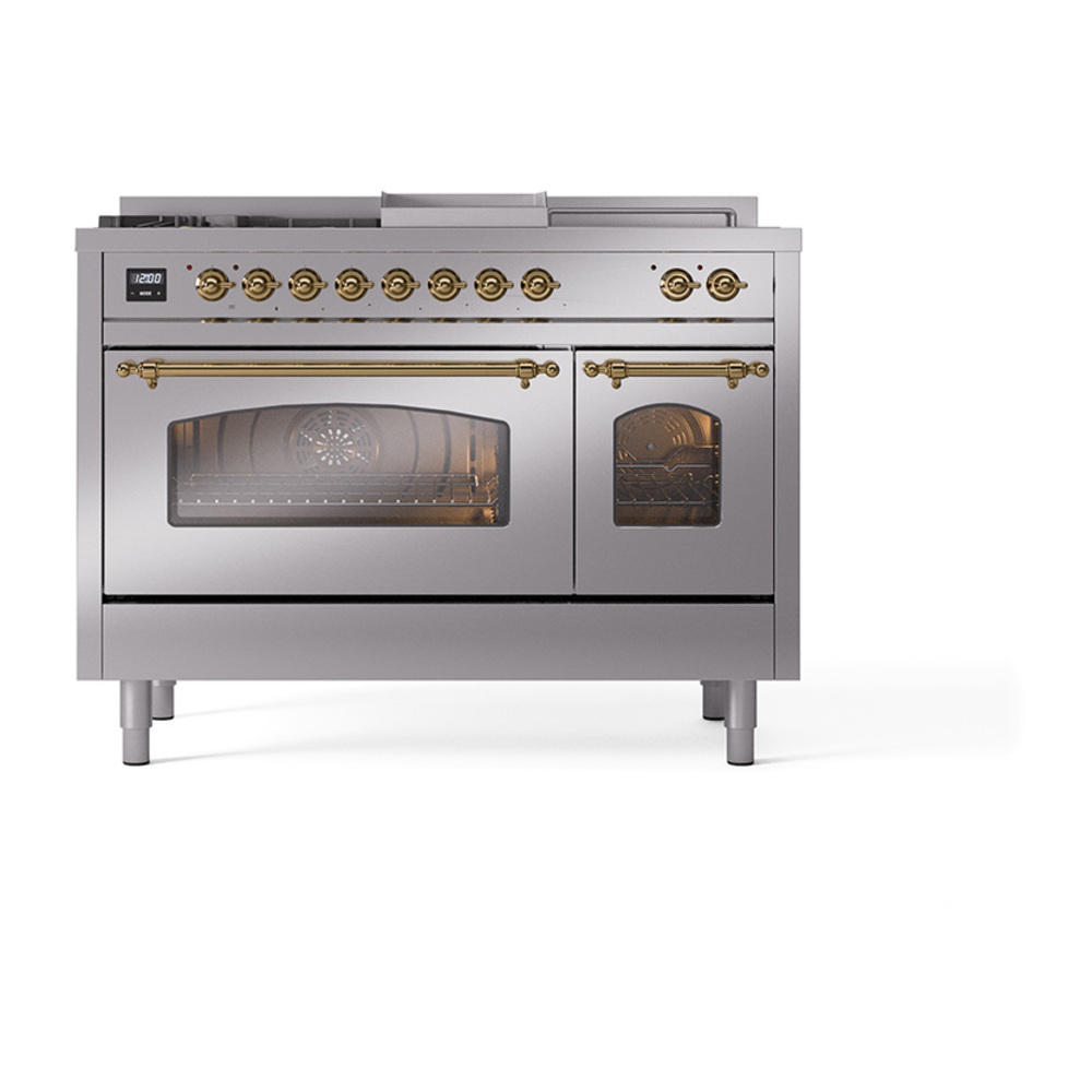 Nostalgie II 48 UP48FSNMPSSG Freestanding Dual Fuel Range with 5 Sealed Burners with Griddle and French Top Double Oven with Triple Glass Door with Brass knobs UP48FSNMPSSGLP