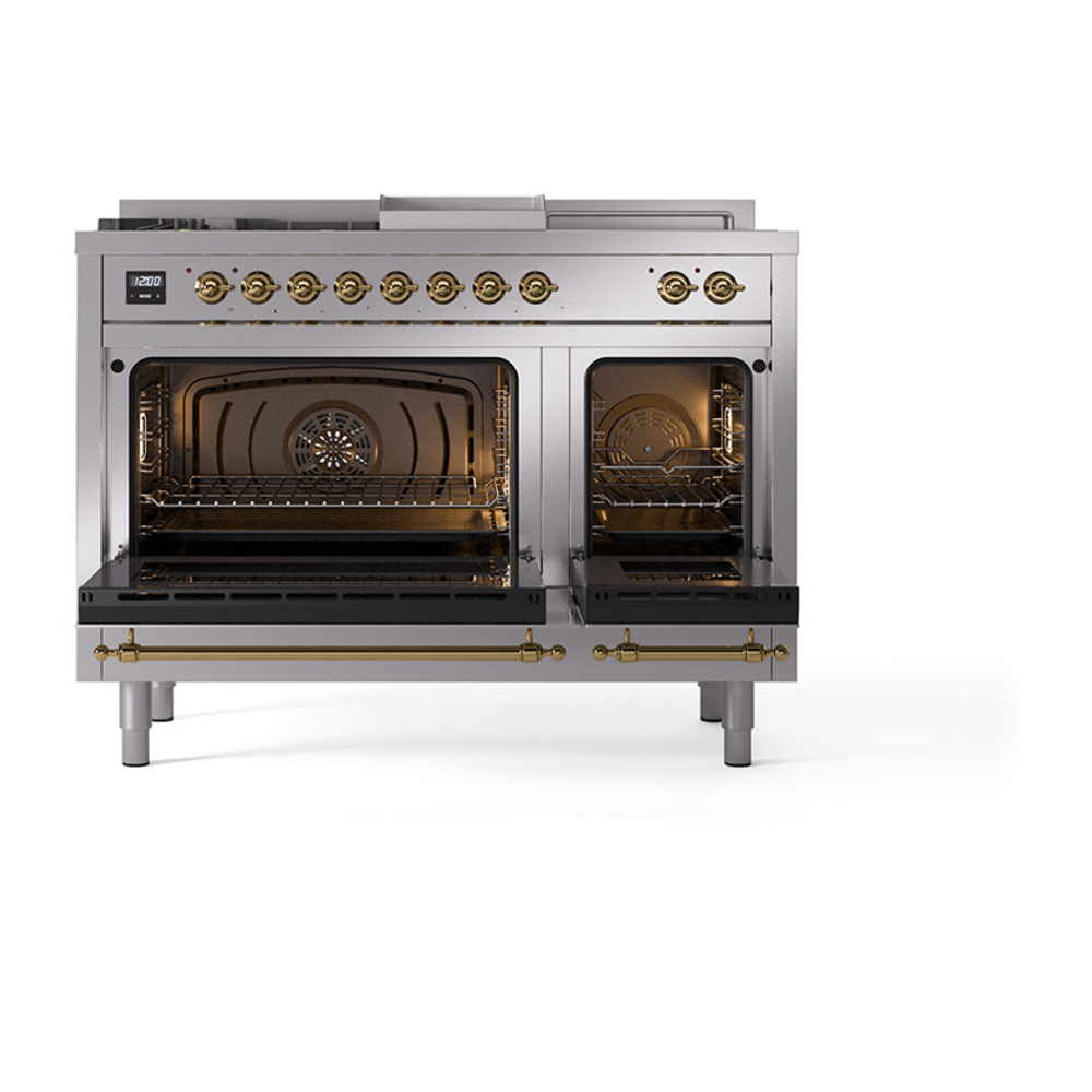Nostalgie II 48 UP48FSNMPSSG Freestanding Dual Fuel Range with 5 Sealed Burners with Griddle and French Top Double Oven with Triple Glass Door with Brass knobs UP48FSNMPSSGLP