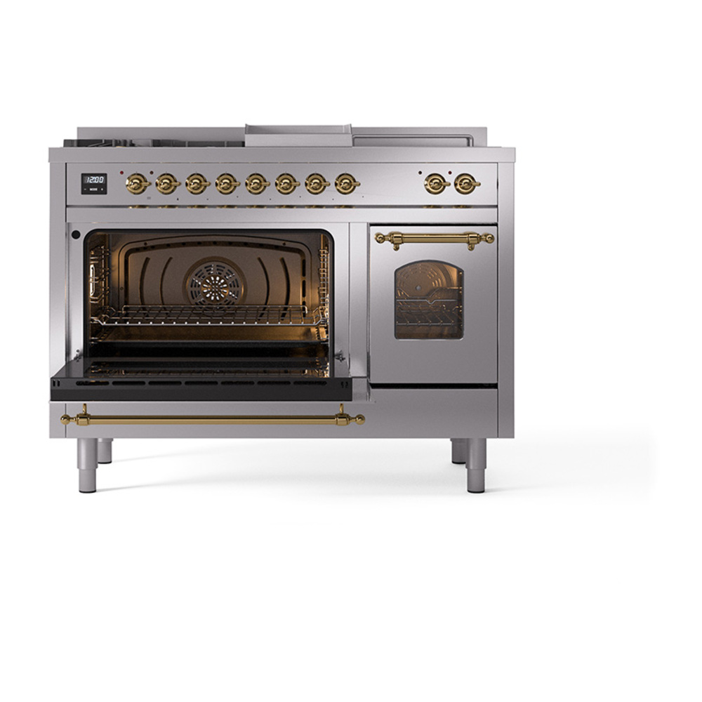Nostalgie II 48 UP48FSNMPSSG Freestanding Dual Fuel Range with 5 Sealed Burners with Griddle and French Top Double Oven with Triple Glass Door with Brass knobs UP48FSNMPSSGLP