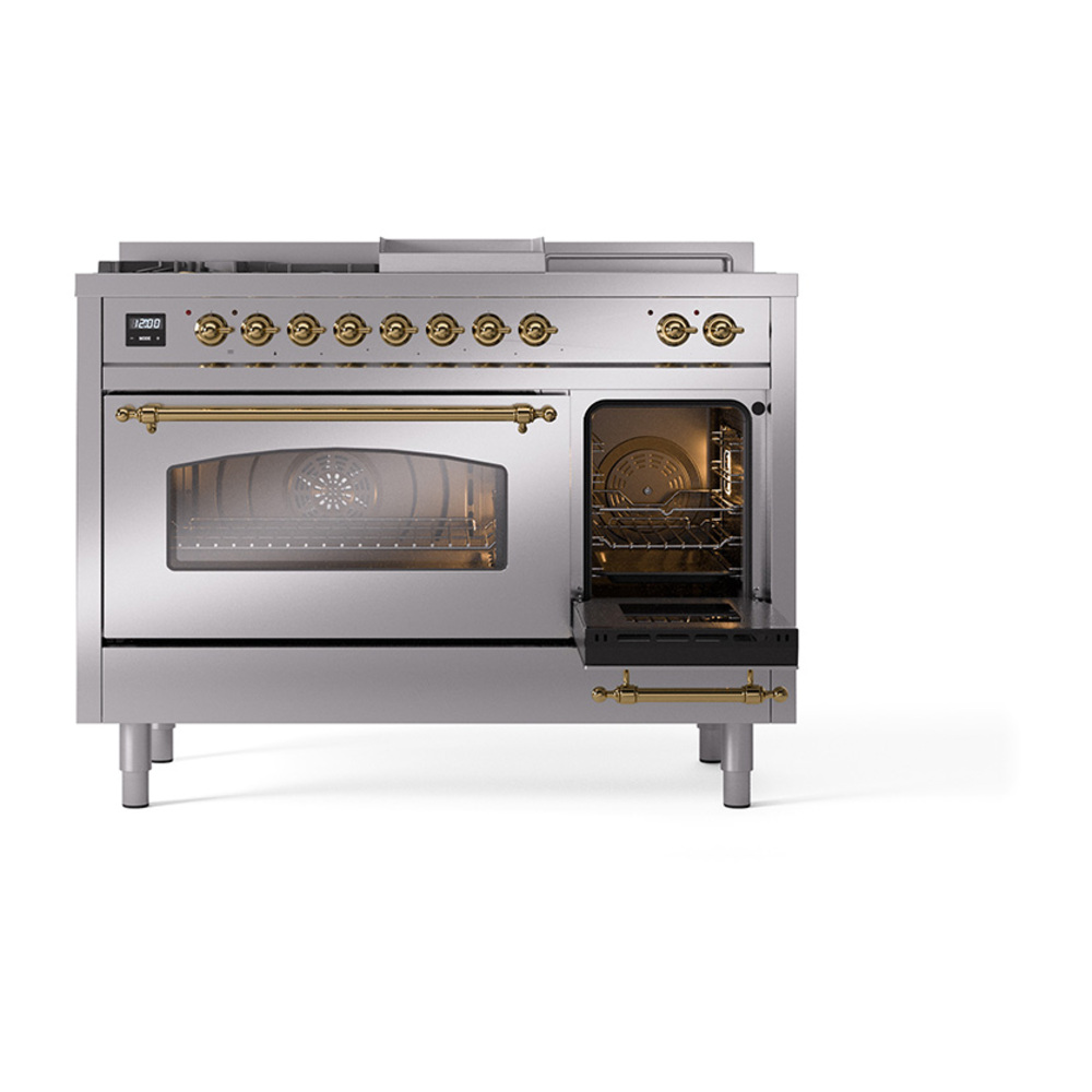 Nostalgie II 48 UP48FSNMPSSG Freestanding Dual Fuel Range with 5 Sealed Burners with Griddle and French Top Double Oven with Triple Glass Door with Brass knobs UP48FSNMPSSGLP