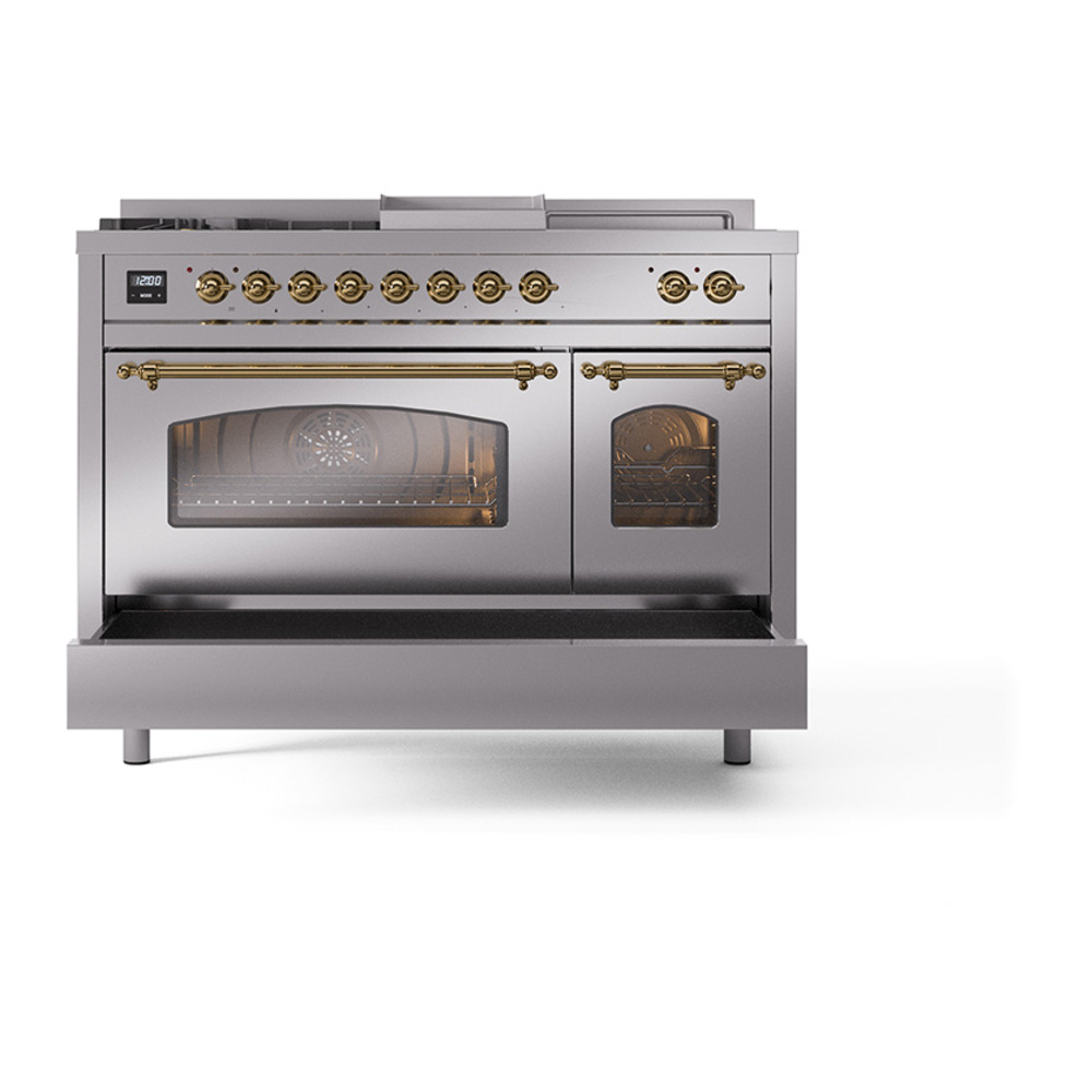 Nostalgie II 48 UP48FSNMPSSG Freestanding Dual Fuel Range with 5 Sealed Burners with Griddle and French Top Double Oven with Triple Glass Door with Brass knobs UP48FSNMPSSGLP