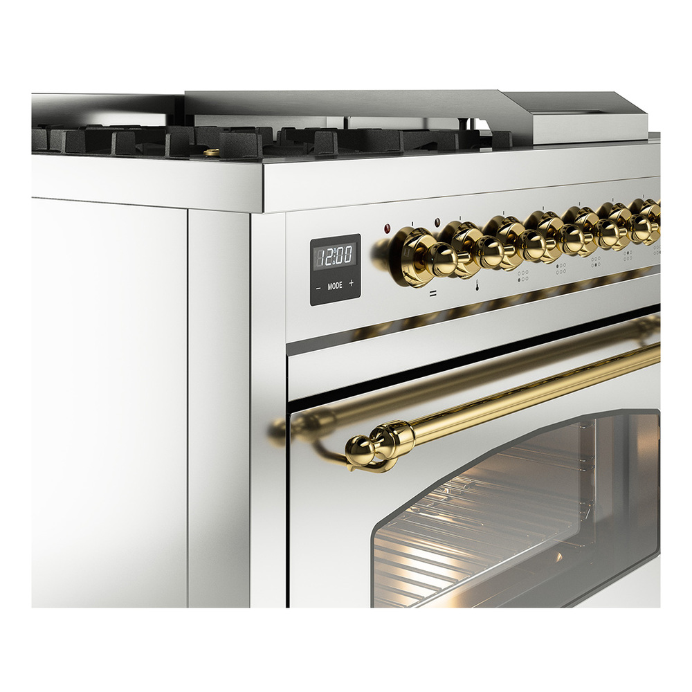 Nostalgie II 48 UP48FSNMPSSG Freestanding Dual Fuel Range with 5 Sealed Burners with Griddle and French Top Double Oven with Triple Glass Door with Brass knobs UP48FSNMPSSGLP