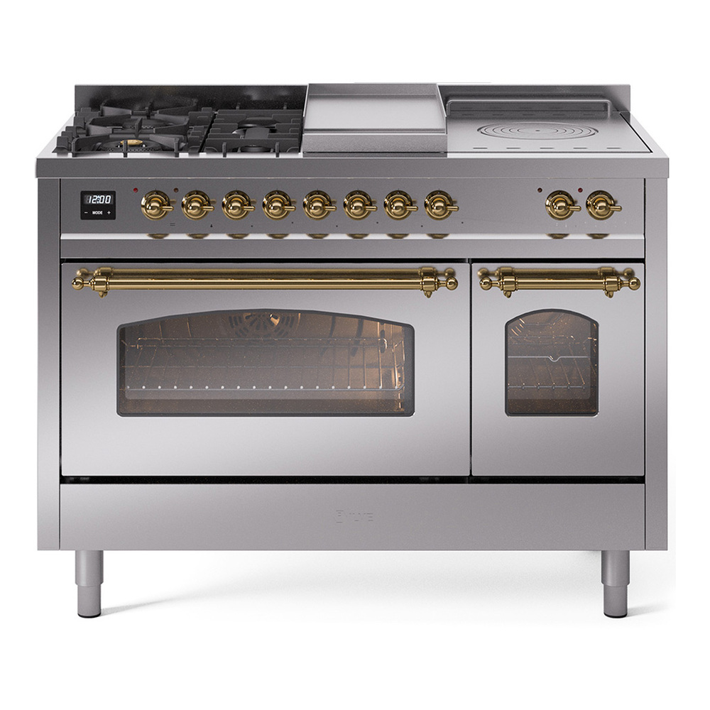 Nostalgie II 48 UP48FSNMPSSG Freestanding Dual Fuel Range with 5 Sealed Burners with Griddle and French Top Double Oven with Triple Glass Door with Brass knobs UP48FSNMPSSG