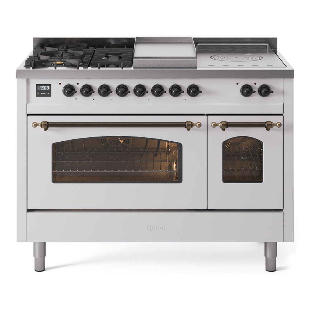 Nostalgie II 48 UP48FSNMPWHB Freestanding Dual Fuel Range with 5 Sealed Burners with Griddle and French Top Double Oven with Triple Glass Door with Bronze knobs UP48FSNMPWHBLP