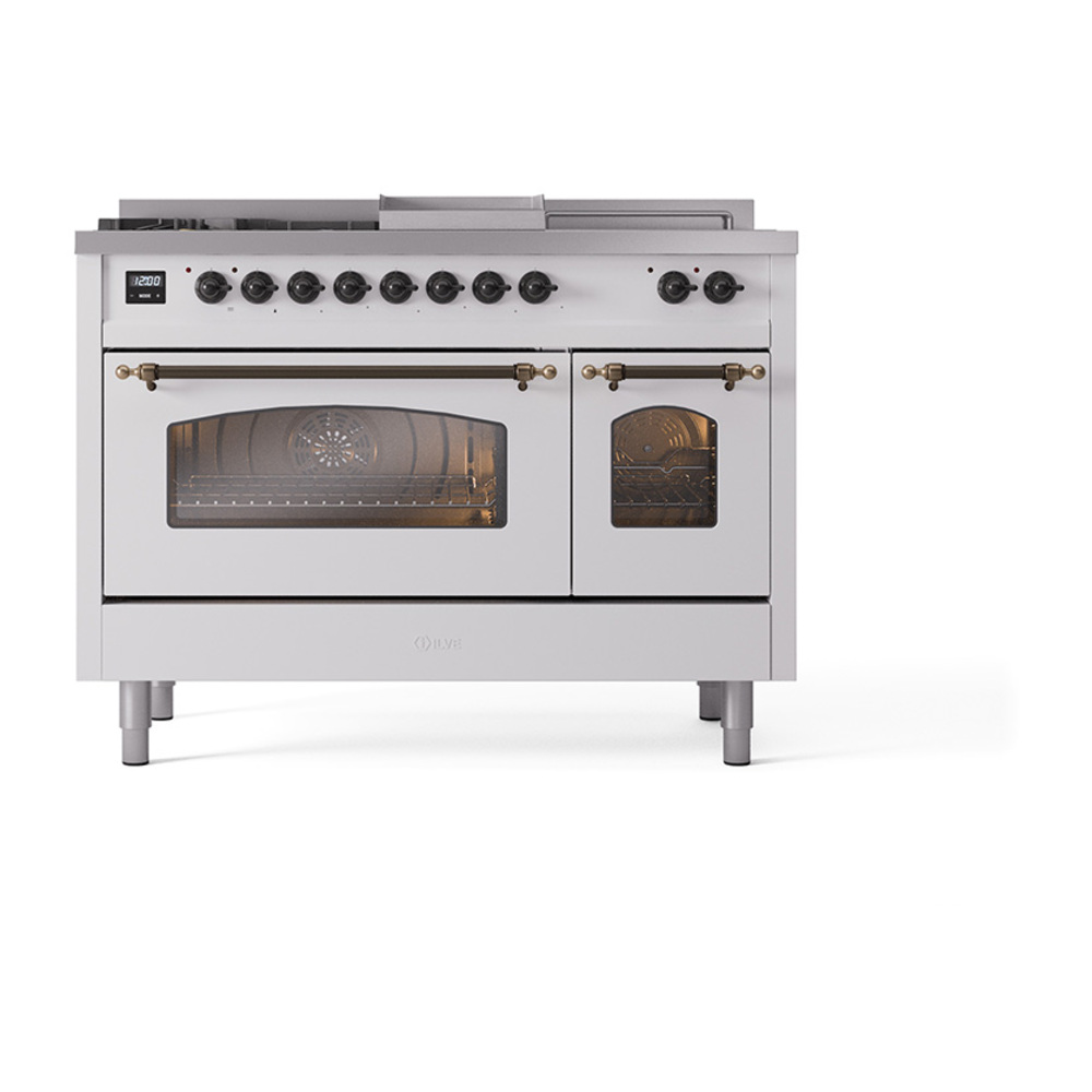Nostalgie II 48 UP48FSNMPWHB Freestanding Dual Fuel Range with 5 Sealed Burners with Griddle and French Top Double Oven with Triple Glass Door with Bronze knobs UP48FSNMPWHBLP
