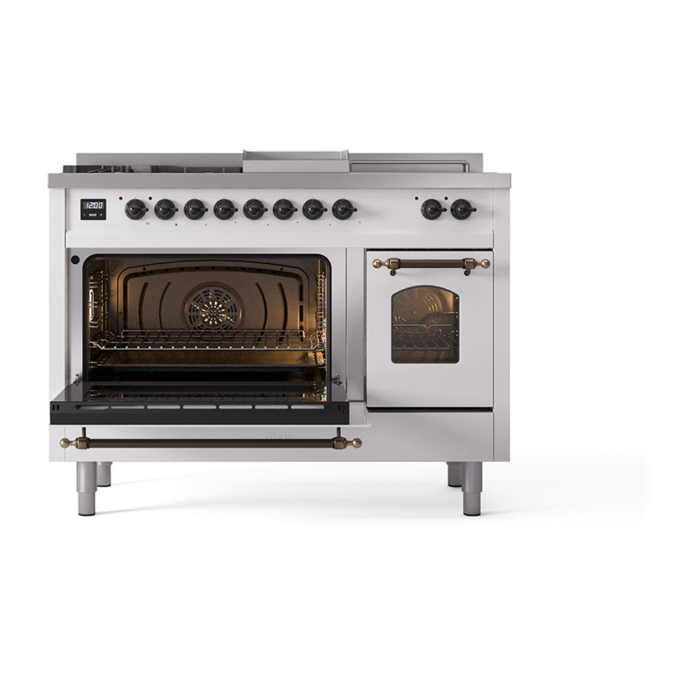 Nostalgie II 48 UP48FSNMPWHB Freestanding Dual Fuel Range with 5 Sealed Burners with Griddle and French Top Double Oven with Triple Glass Door with Bronze knobs UP48FSNMPWHBLP