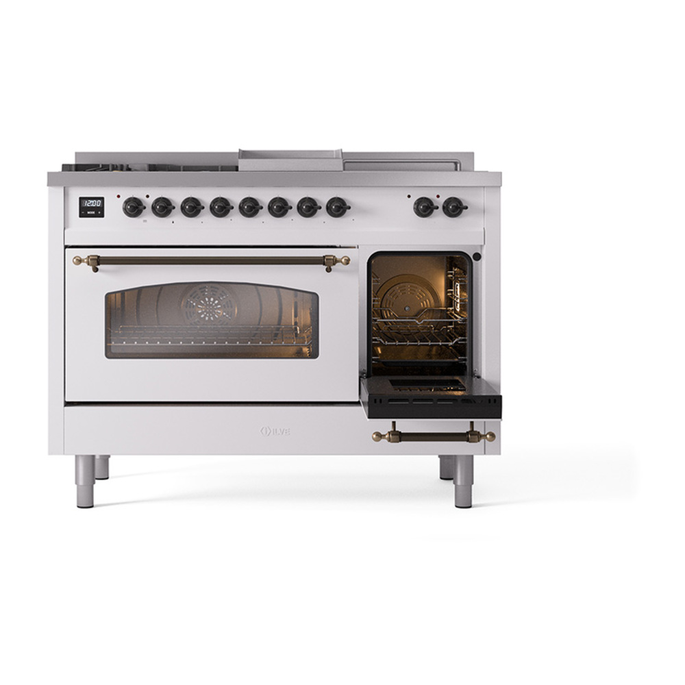 Nostalgie II 48 UP48FSNMPWHB Freestanding Dual Fuel Range with 5 Sealed Burners with Griddle and French Top Double Oven with Triple Glass Door with Bronze knobs UP48FSNMPWHBLP