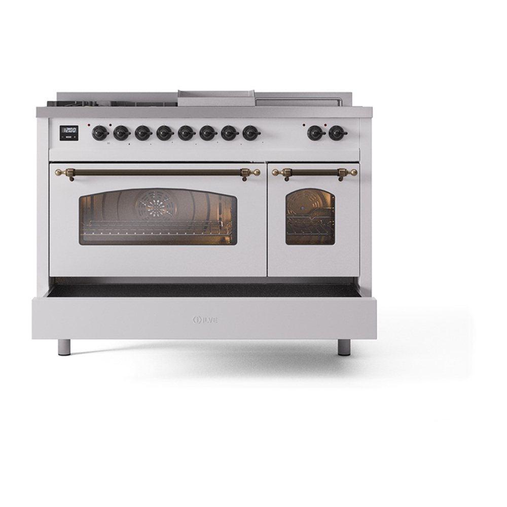 Nostalgie II 48 UP48FSNMPWHB Freestanding Dual Fuel Range with 5 Sealed Burners with Griddle and French Top Double Oven with Triple Glass Door with Bronze knobs UP48FSNMPWHBLP