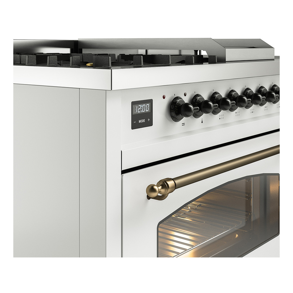 Nostalgie II 48 UP48FSNMPWHB Freestanding Dual Fuel Range with 5 Sealed Burners with Griddle and French Top Double Oven with Triple Glass Door with Bronze knobs UP48FSNMPWHBLP