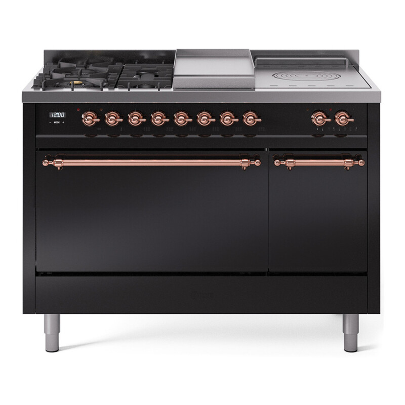 Nostalgie II 48 UP48FSQNMPBKP Freestanding Dual Fuel Range with 5 Sealed Burners with Griddle and French Top Double Oven with Solid Door with Copper knobs UP48FSQNMPBKPLP