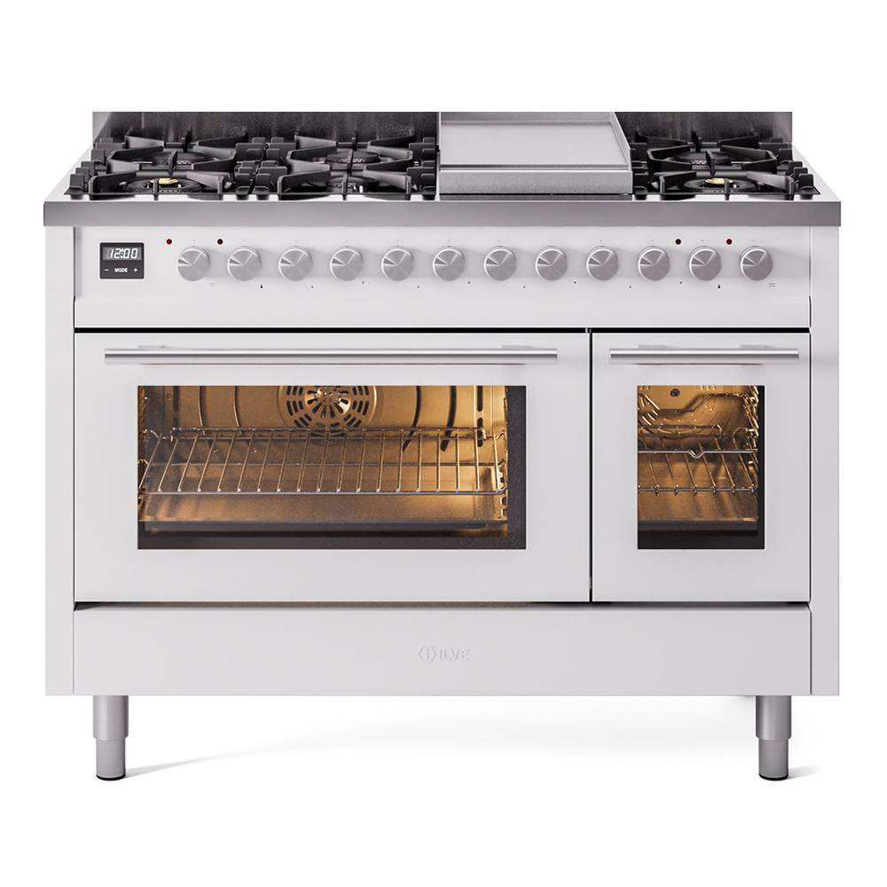 Professional Plus II 48 UP48FWMPWH Freestanding Dual Fuel Range with 8 Sealed Burners with Griddle Double Oven with Triple Glass Door with Stainless Steel knobs UP48FWMPWHLP