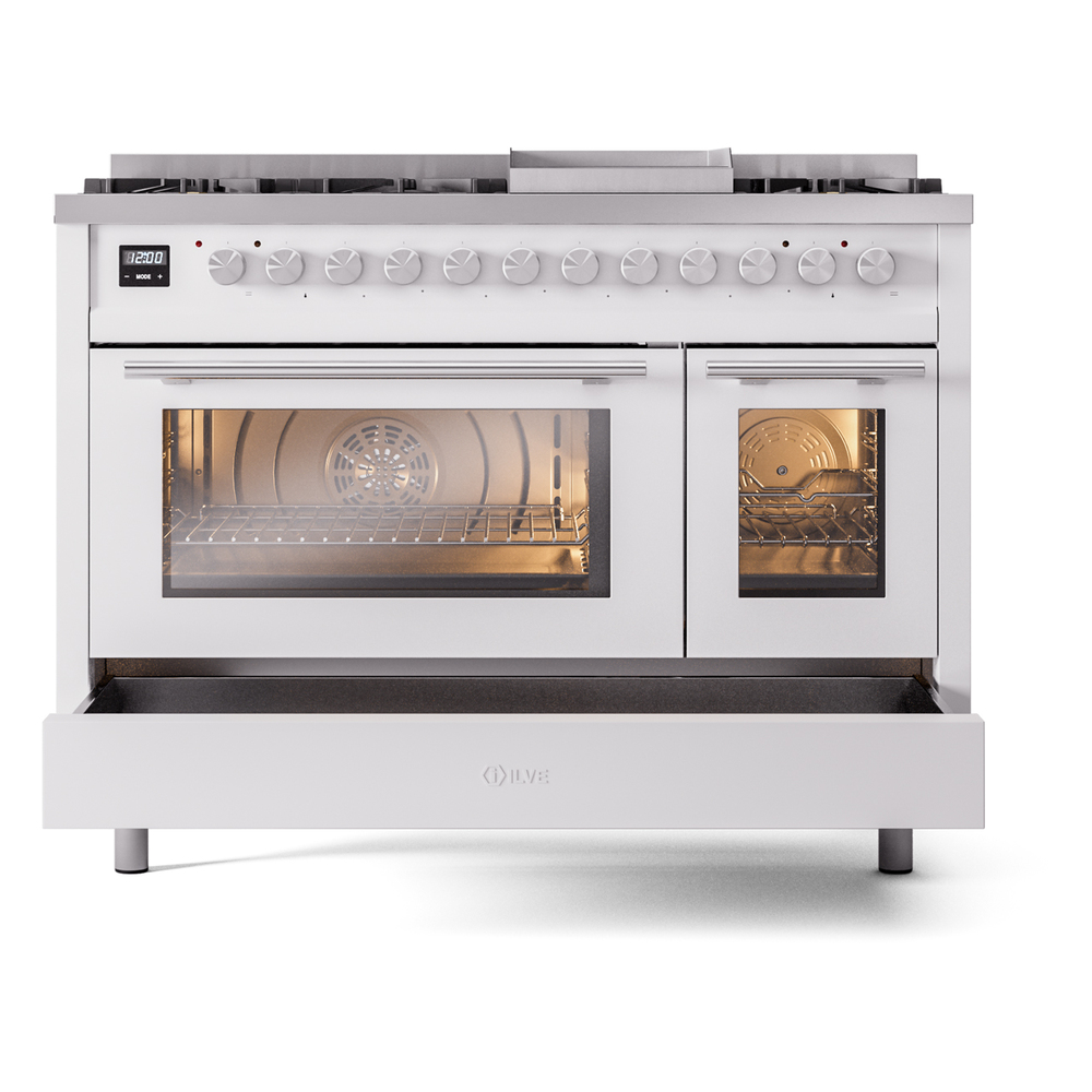 Professional Plus II 48 UP48FWMPWH Freestanding Dual Fuel Range with 8 Sealed Burners with Griddle Double Oven with Triple Glass Door with Stainless Steel knobs UP48FWMPWHLP