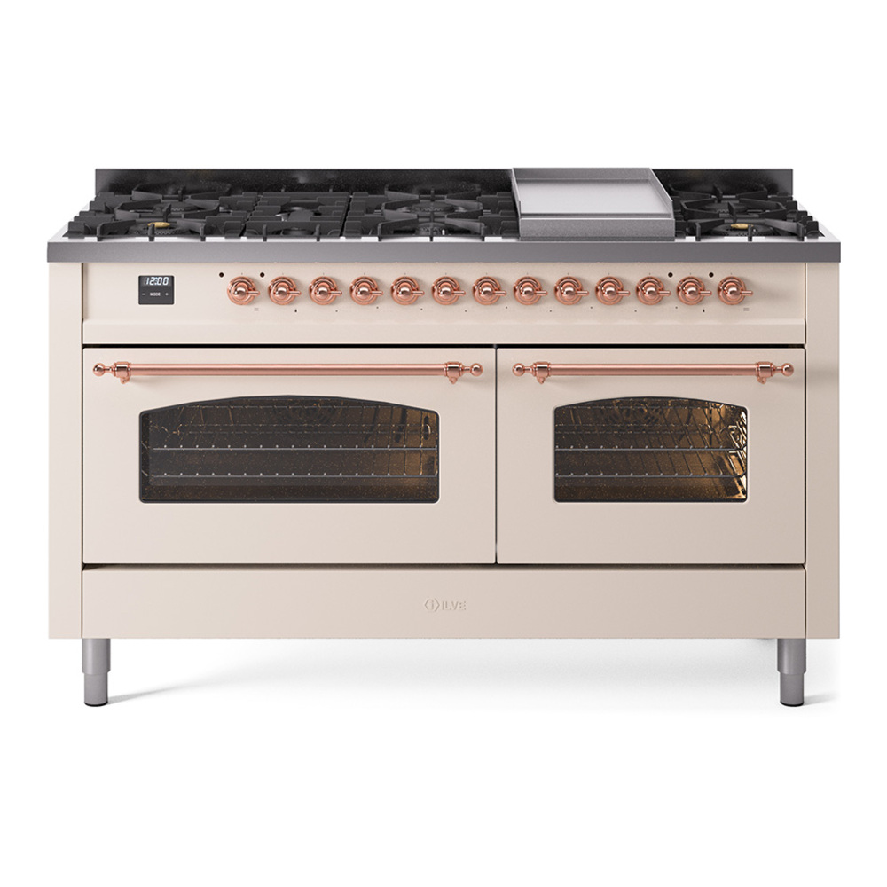 Nostalgie II 60 UP60FNMPAWP Freestanding Dual Fuel Range with 9 Sealed Burners with Griddle Double Oven with Triple Glass Door with Copper knobs UP60FNMPAWPLP