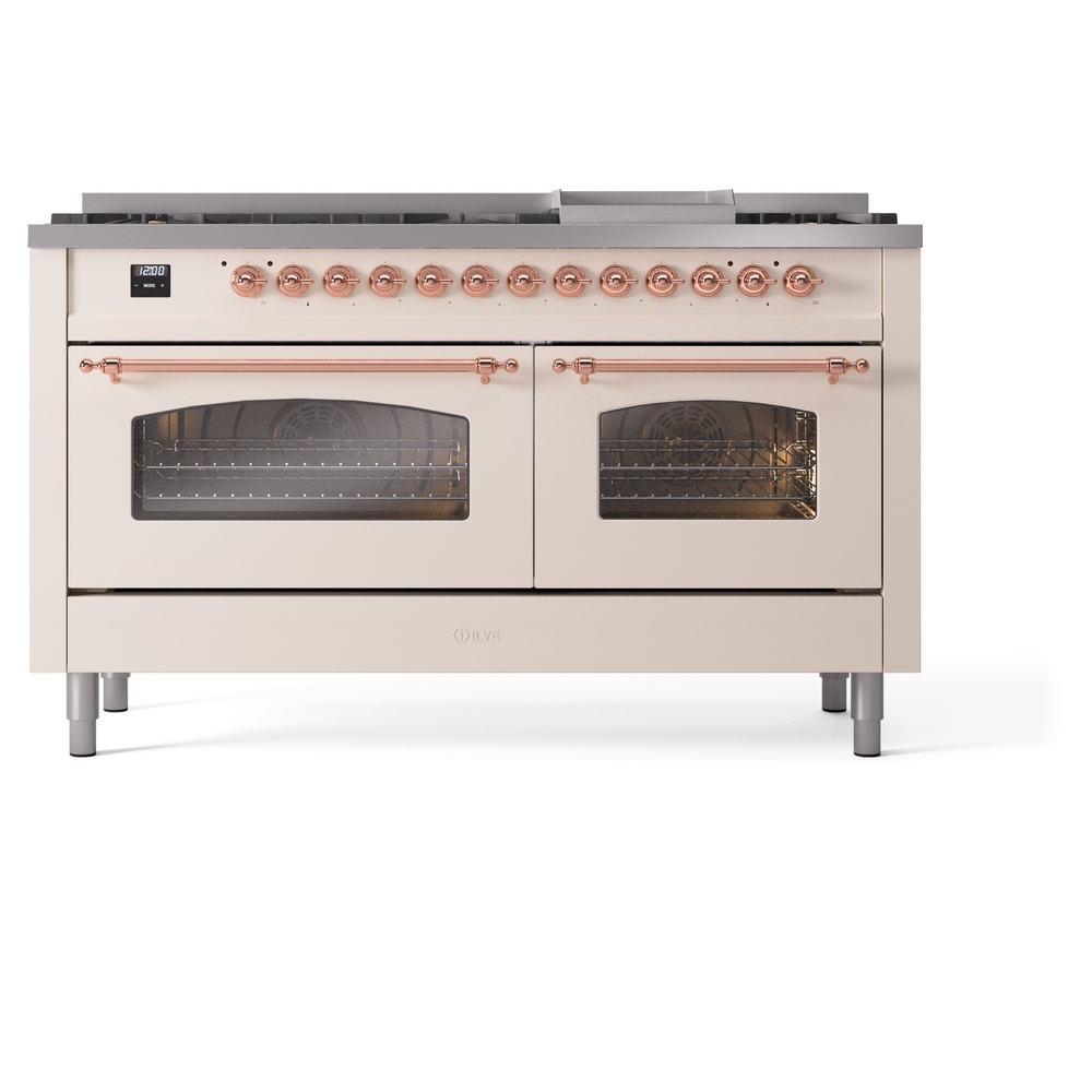 Nostalgie II 60 UP60FNMPAWP Freestanding Dual Fuel Range with 9 Sealed Burners with Griddle Double Oven with Triple Glass Door with Copper knobs UP60FNMPAWPLP