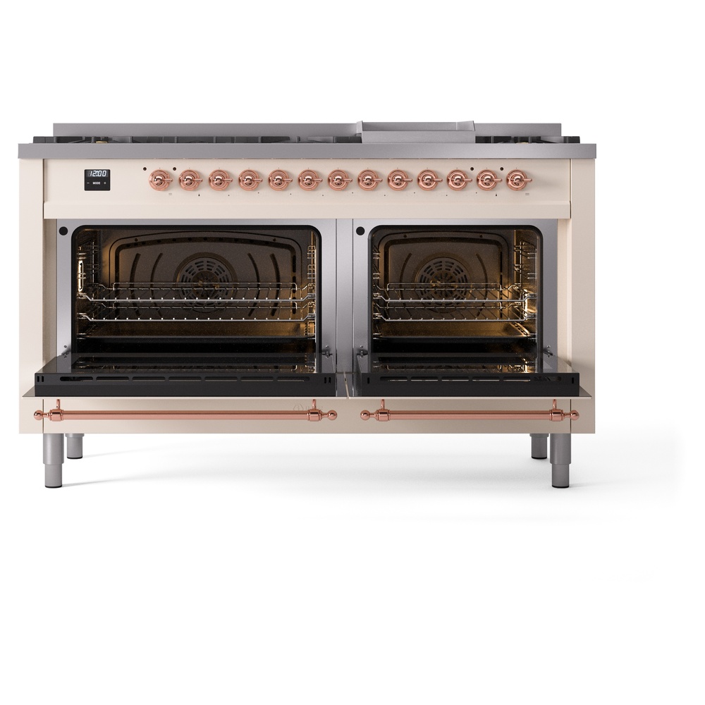 Nostalgie II 60 UP60FNMPAWP Freestanding Dual Fuel Range with 9 Sealed Burners with Griddle Double Oven with Triple Glass Door with Copper knobs UP60FNMPAWPLP