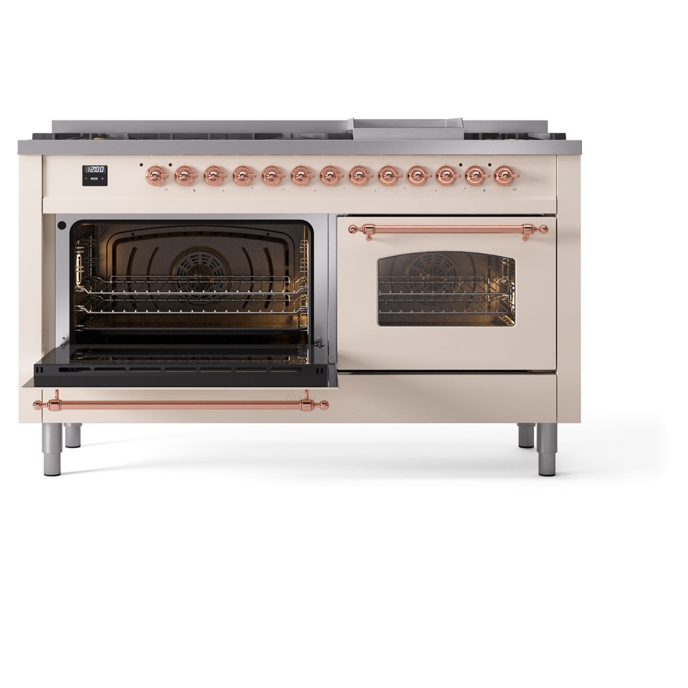 Nostalgie II 60 UP60FNMPAWP Freestanding Dual Fuel Range with 9 Sealed Burners with Griddle Double Oven with Triple Glass Door with Copper knobs UP60FNMPAWPLP