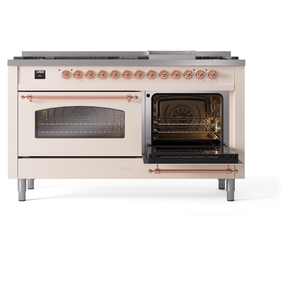 Nostalgie II 60 UP60FNMPAWP Freestanding Dual Fuel Range with 9 Sealed Burners with Griddle Double Oven with Triple Glass Door with Copper knobs UP60FNMPAWPLP