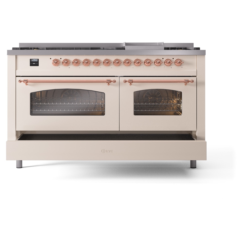 Nostalgie II 60 UP60FNMPAWP Freestanding Dual Fuel Range with 9 Sealed Burners with Griddle Double Oven with Triple Glass Door with Copper knobs UP60FNMPAWPLP