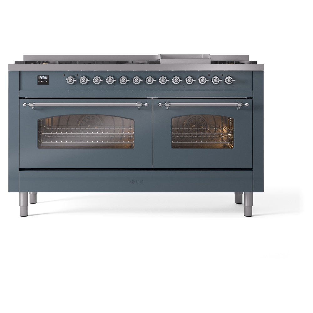 Nostalgie II 60 UP60FNMPBGC Freestanding Dual Fuel Range with 9 Sealed Burners with Griddle Double Oven with Triple Glass Door with Chrome knobs UP60FNMPBGCLP