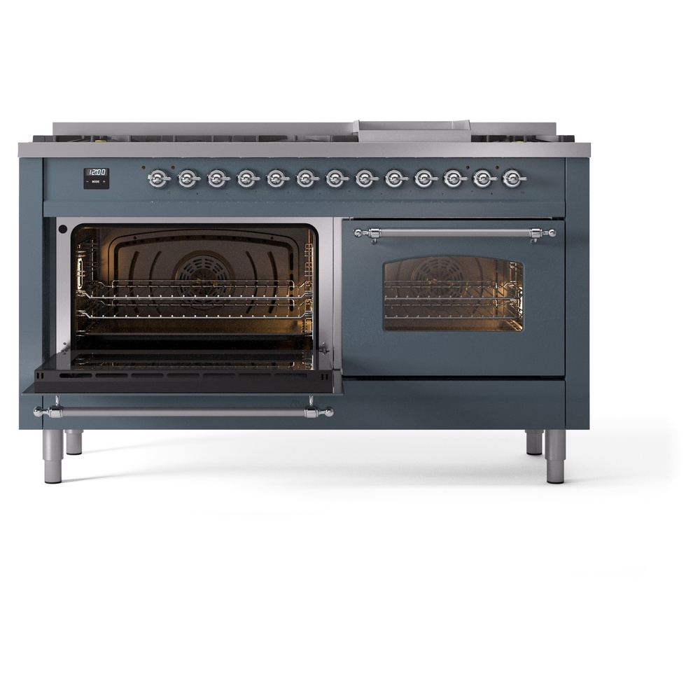 Nostalgie II 60 UP60FNMPBGC Freestanding Dual Fuel Range with 9 Sealed Burners with Griddle Double Oven with Triple Glass Door with Chrome knobs UP60FNMPBGCLP